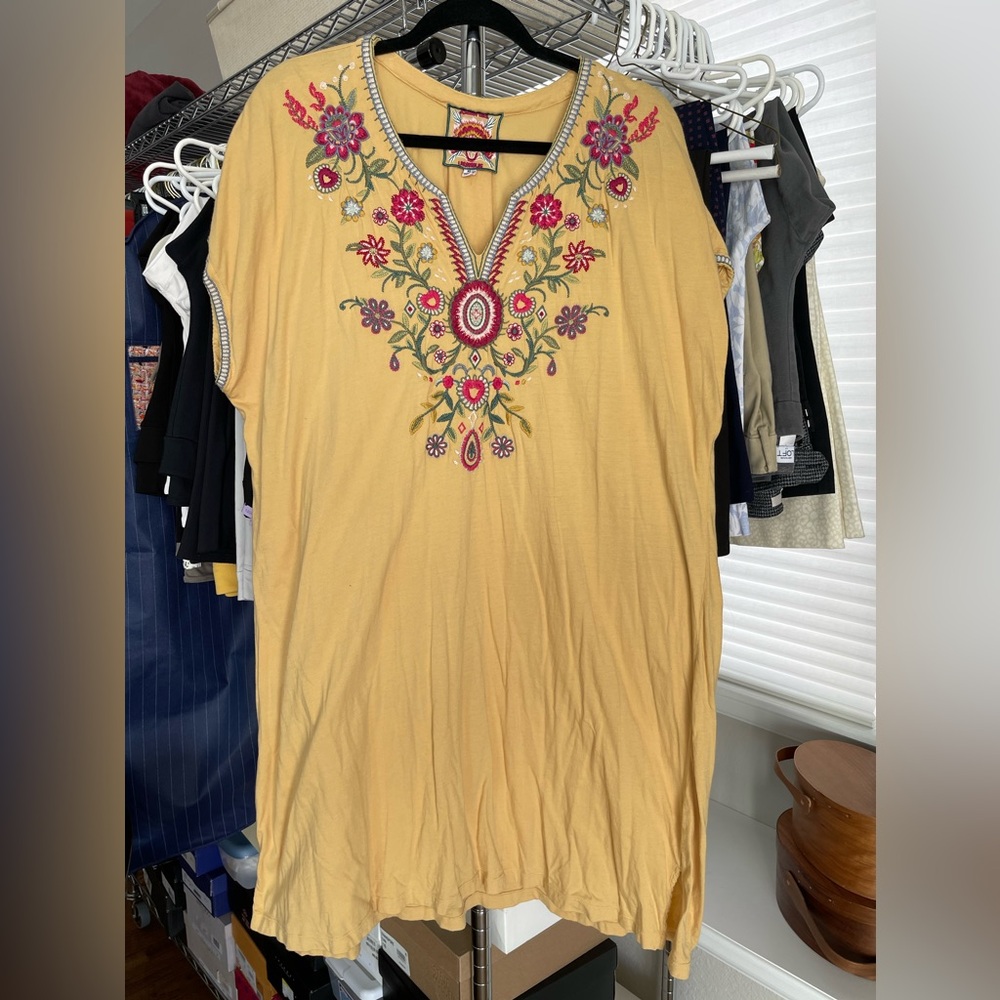 Johnny Was Mustard Yellow Embroidered Caftan Dress